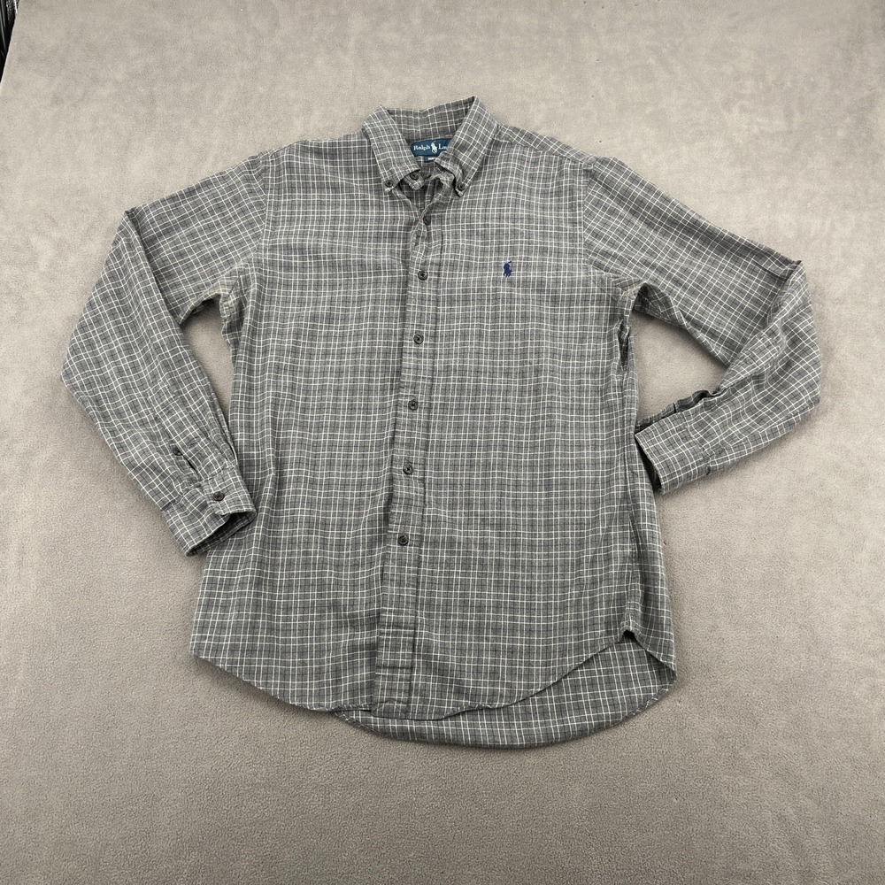 Ralph Lauren Casual Shirt Mens Medium Gray Plaid Custom Fit Collared Button Down